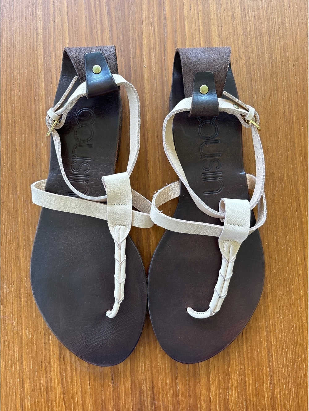 Cousin Women's Leather and Fabric T-Strap Sandals with Ankle Buckle